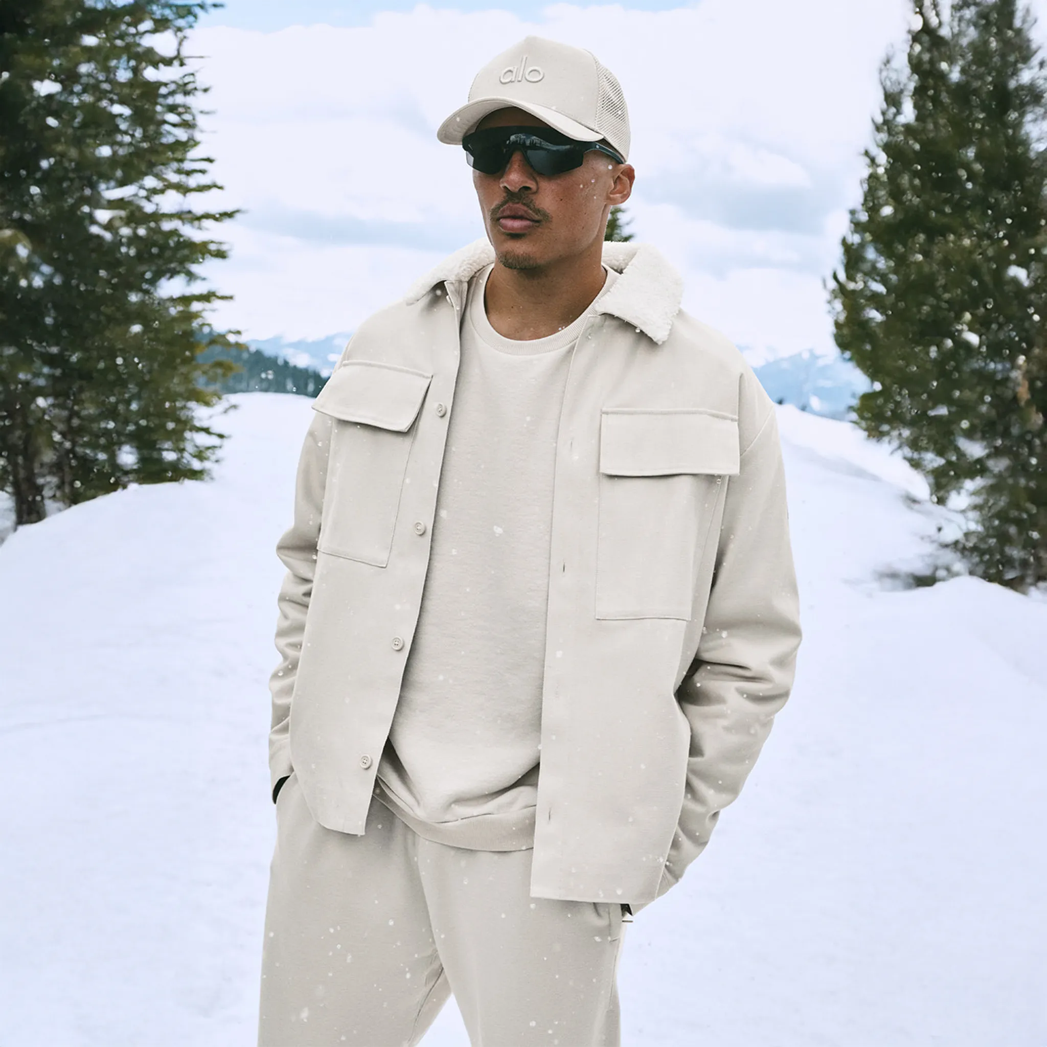 Model View of Alo Yoga Canvas Utility Bone Shacket Jacket